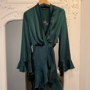 Satin Forest Green Wrap Dress